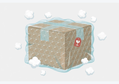 Shipping box protected with cushioning and wrapping